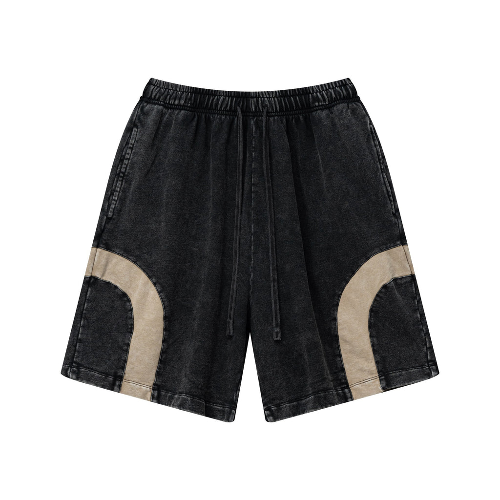 330GSM Unisex Heavyweight Contrast-Panel Snow-Washed Shorts Black/Khaki