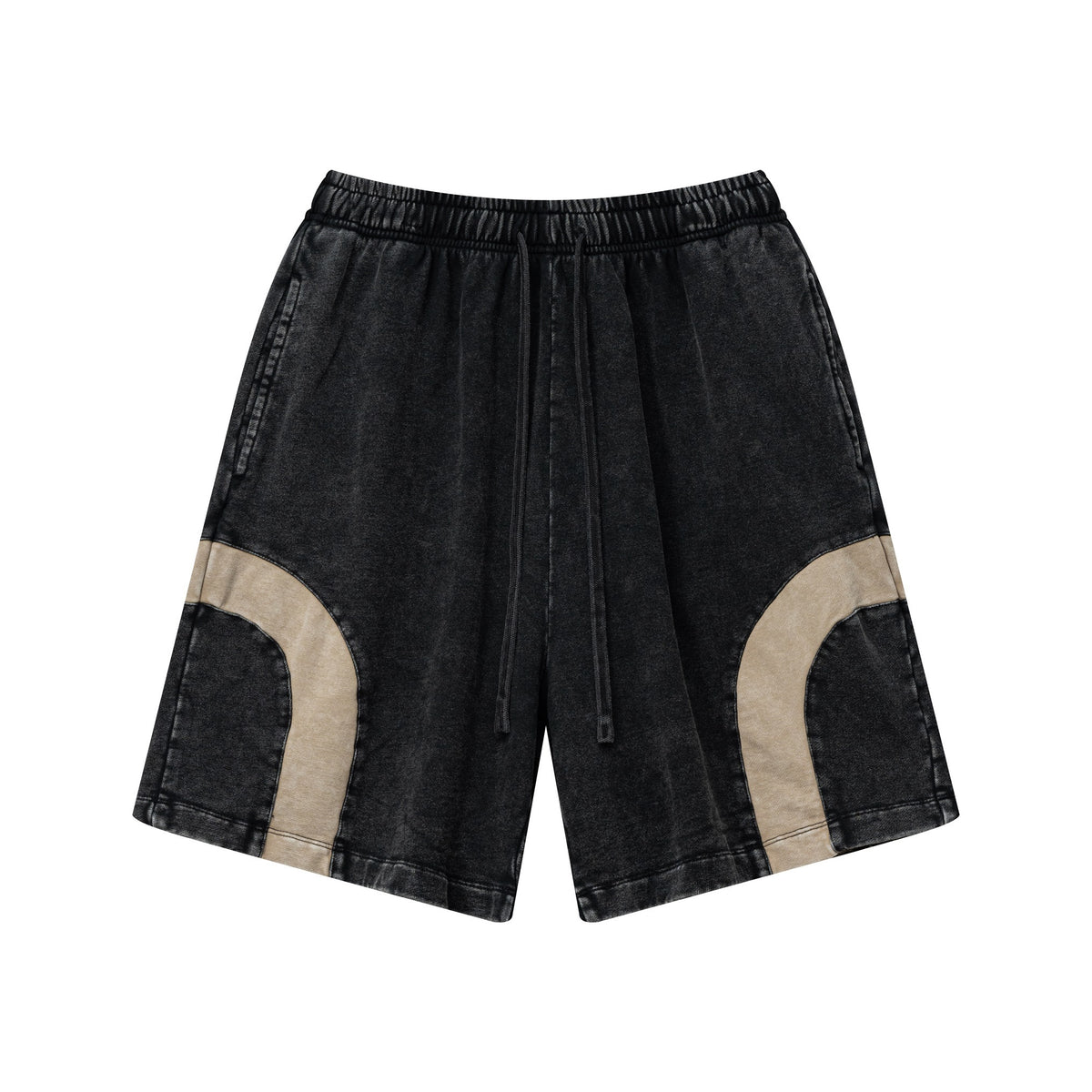 330GSM Unisex Heavyweight Contrast-Panel Snow-Washed Shorts Black/Khaki