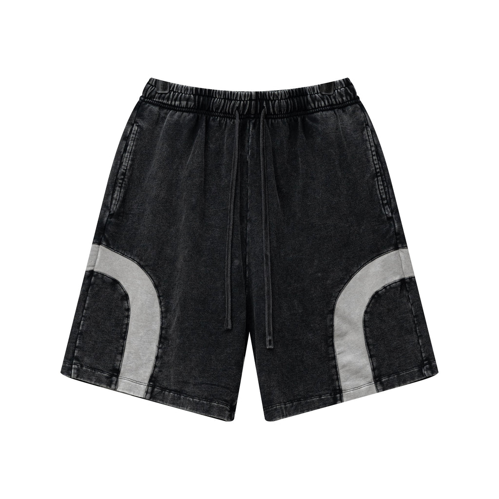 330GSM Unisex Heavyweight Contrast-Panel Snow-Washed Shorts Black/Medium Grey
