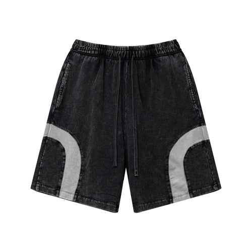 330GSM Unisex Heavyweight Contrast-Panel Snow-Washed Shorts Black/Medium Grey