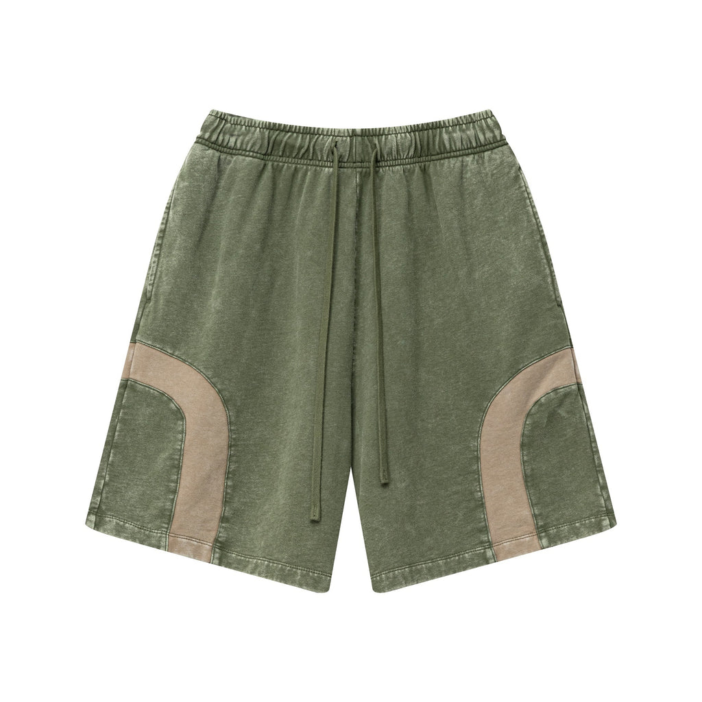 330GSM Unisex Heavyweight Contrast-Panel Snow-Washed Shorts Military Green/Khaki