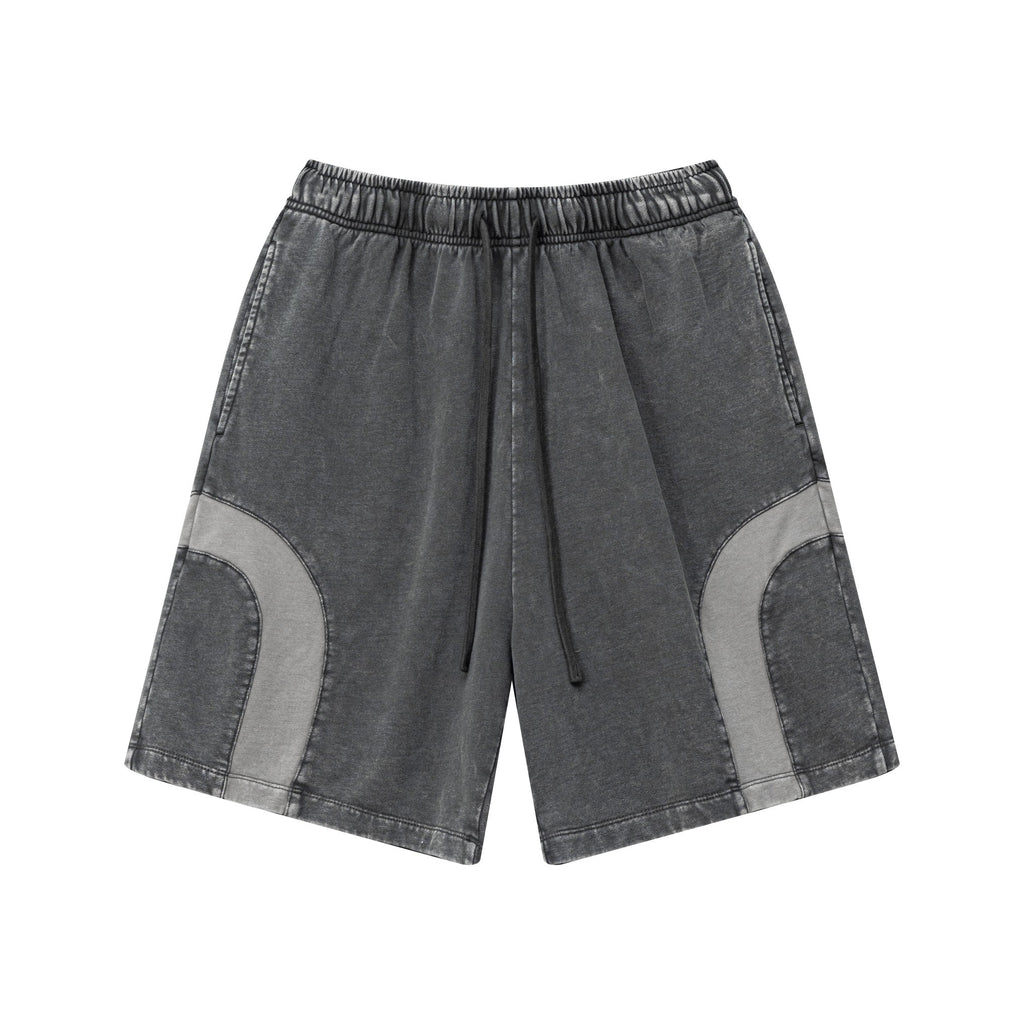 330GSM Unisex Heavyweight Contrast-Panel Snow-Washed Shorts Medium Grey/Dark Grey